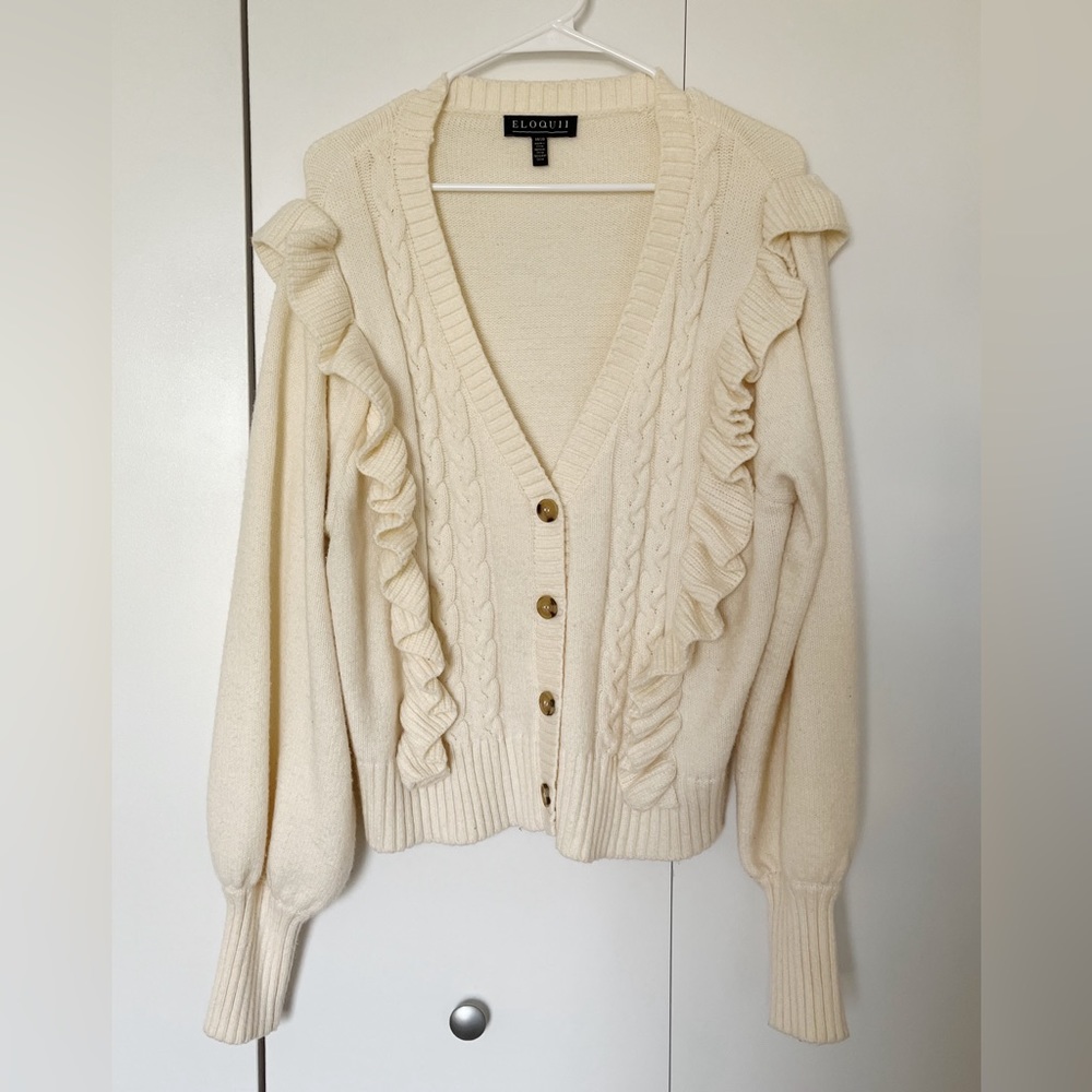 Eloquii cream colored ruffle button up cardigan sweater size 18/20 plus size